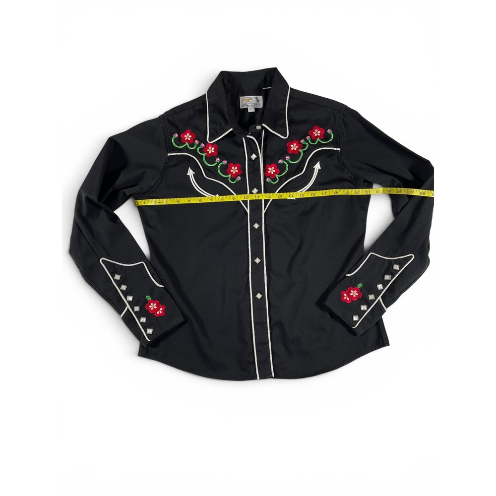 Vtg 70s Panhandle Slim Mens L Black Western Shirt Rodeo Cowboy Happy Pearl Snaps - Picture 13 of 16